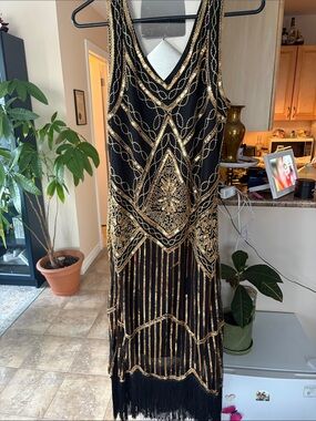 Black & Gold Beaded Fringe Evening Dress/ flapper costume